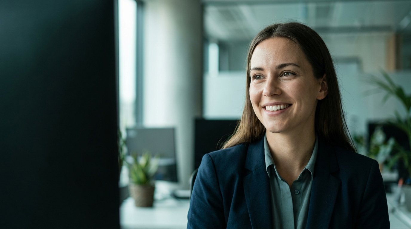 A happy technology professional smiling in a modern office