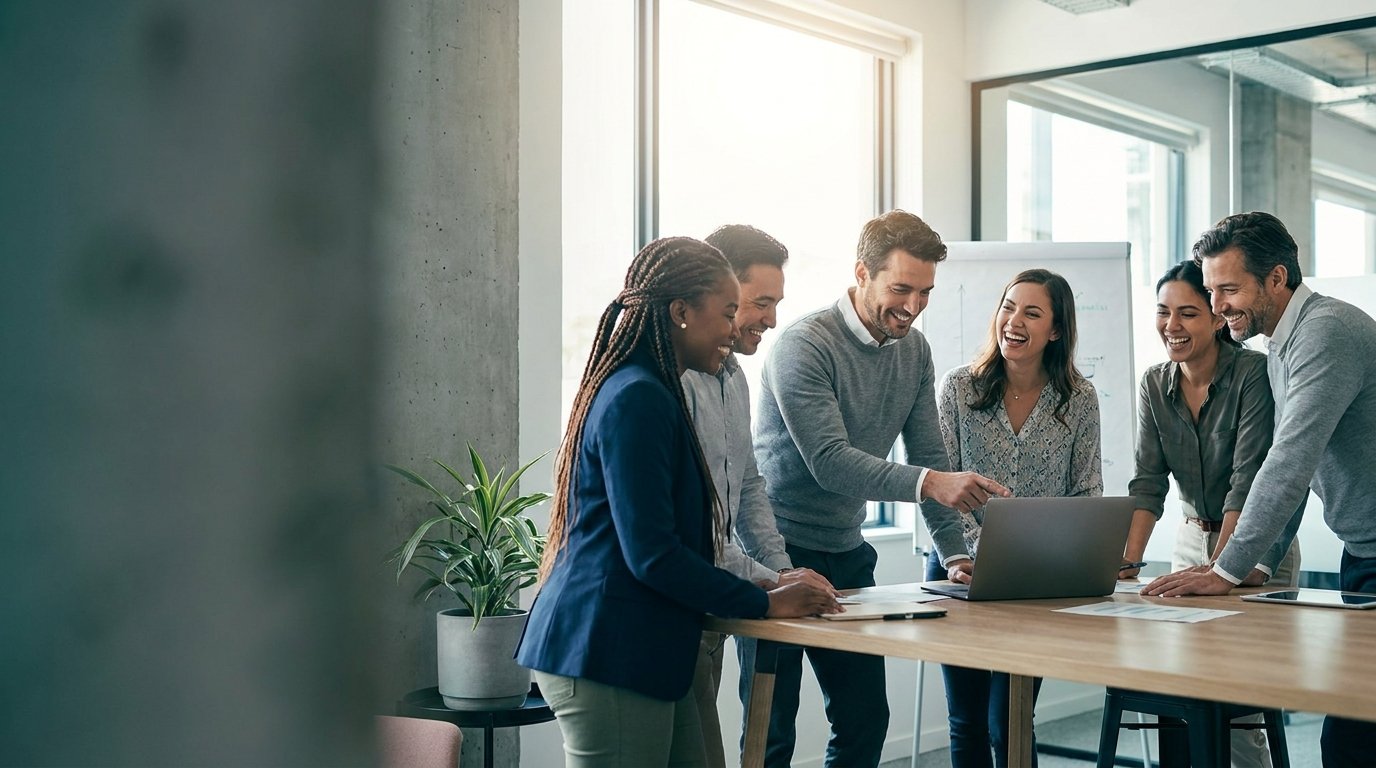 A diverse team of smiling professionals collaborating in a bright modern office